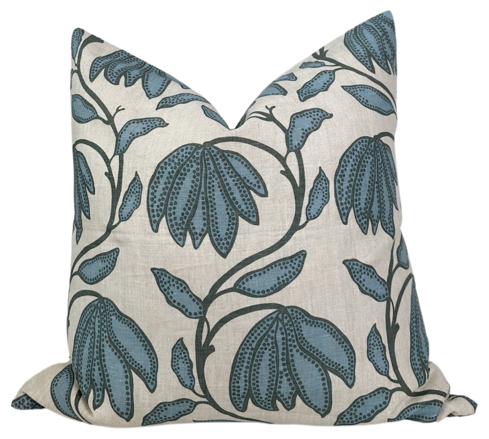 Desert Floral Pillow Cover in Wild Sage showing printed front fabric with floral pattern and ivory linen back fabric