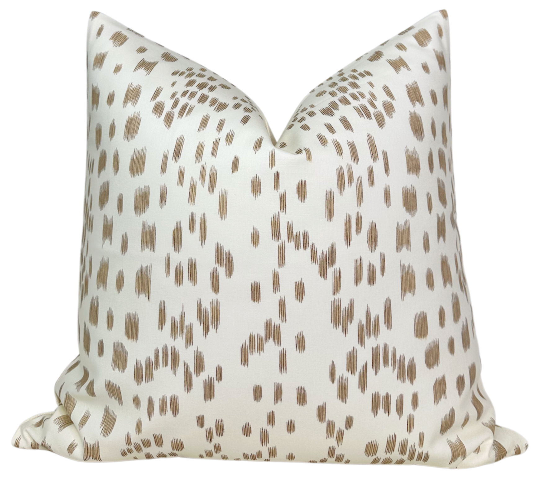 Les Touches Pillow Cover in Sand showing printed fabric front and ivory linen fabric back