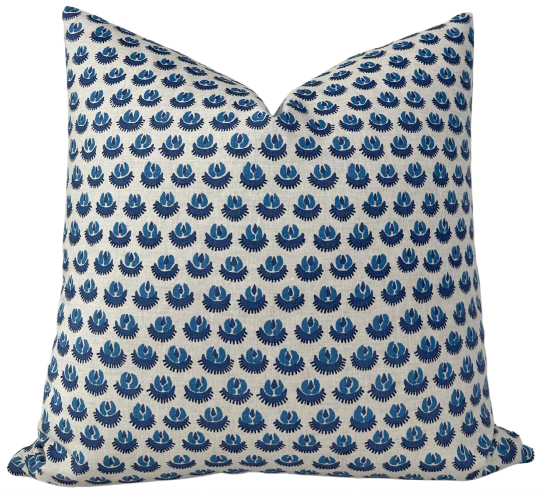 Cadiz Pillow Cover in Blue, front printed fabric with natural ivory linen back