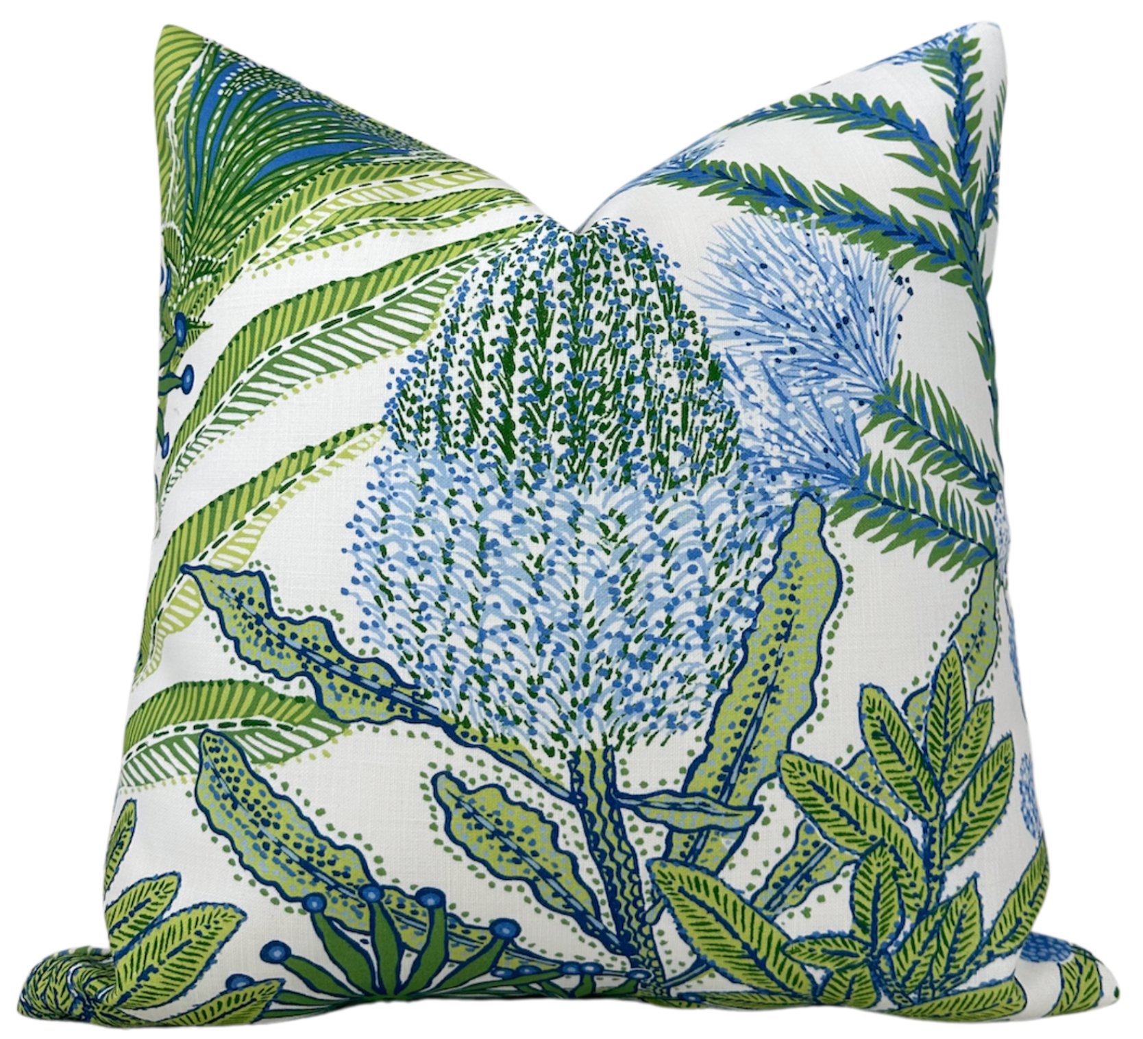 Protea Performance Pillow Cover in Blue and Green showing floral pattern with blue and green leaves on fabric