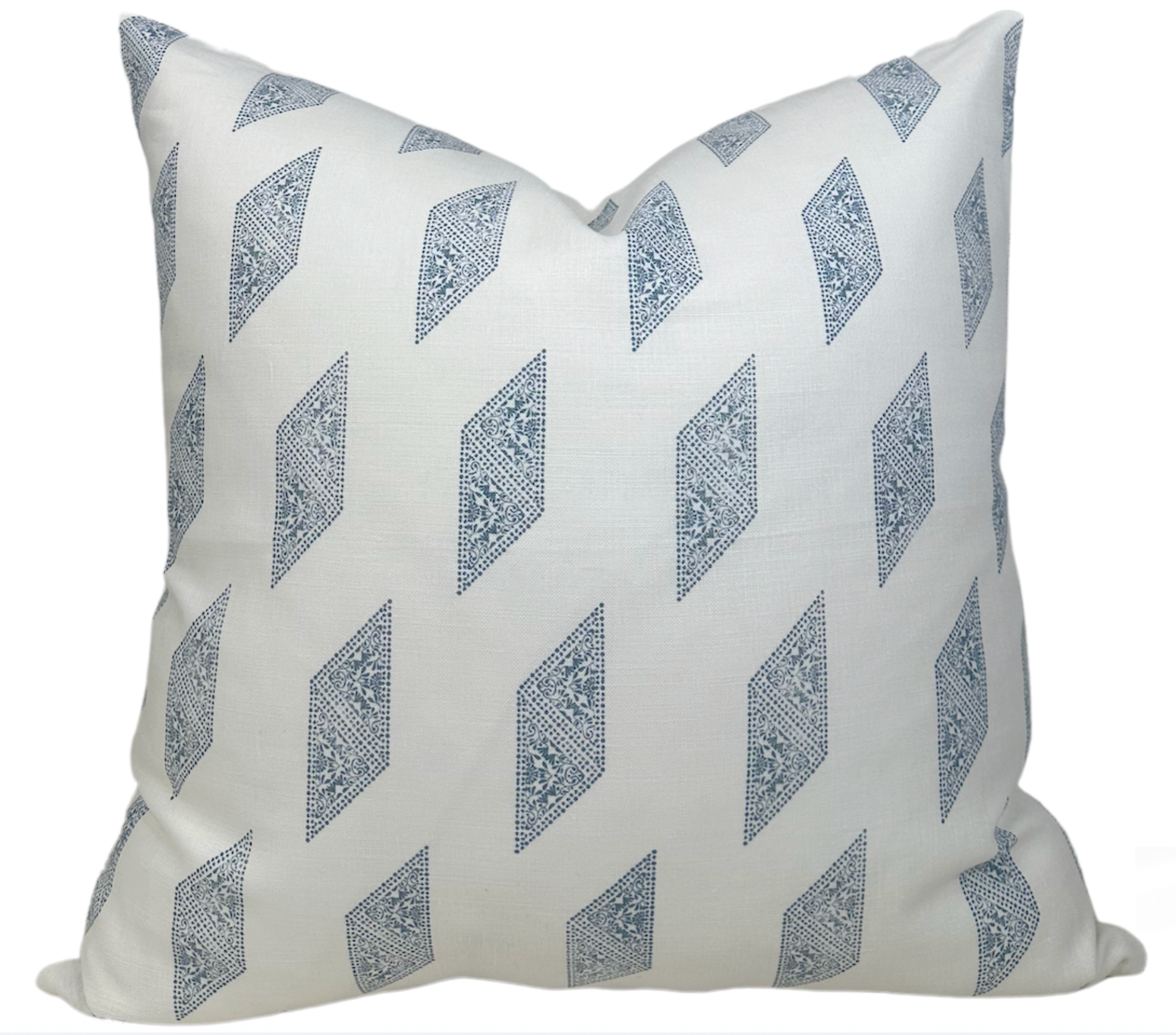 Myriad Pillow Cover in Lake Blue showing printed fabric front and ivory linen back with invisible zipper