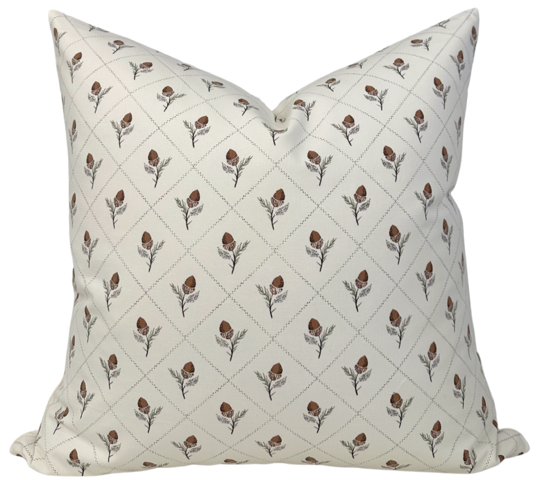 Holden Hand Pillow Cover in Cream showing hand printed front fabric and natural ivory linen back