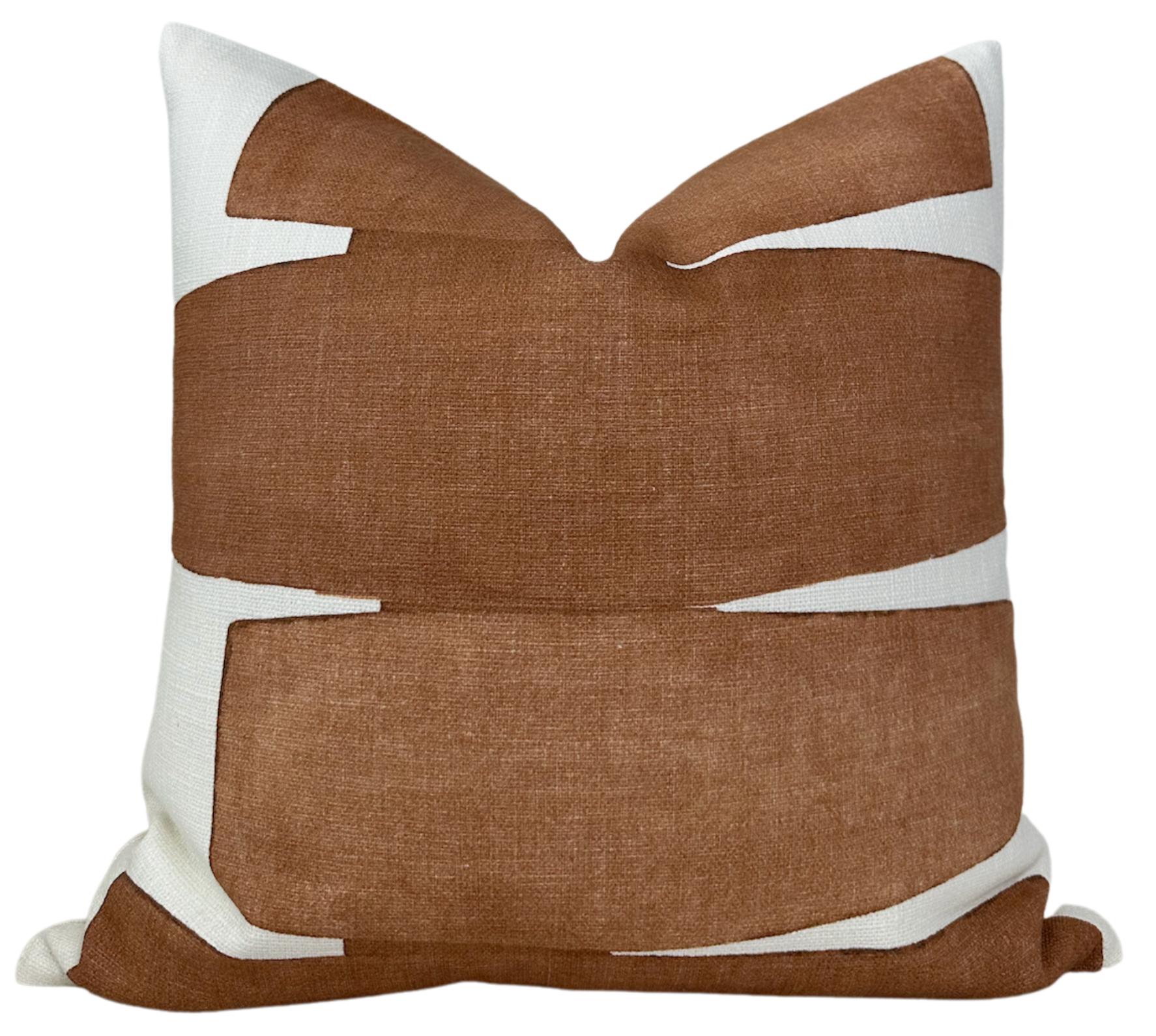 Stacked Pillow Cover in Clay showing abstract layered pattern on cotton front and ivory linen back