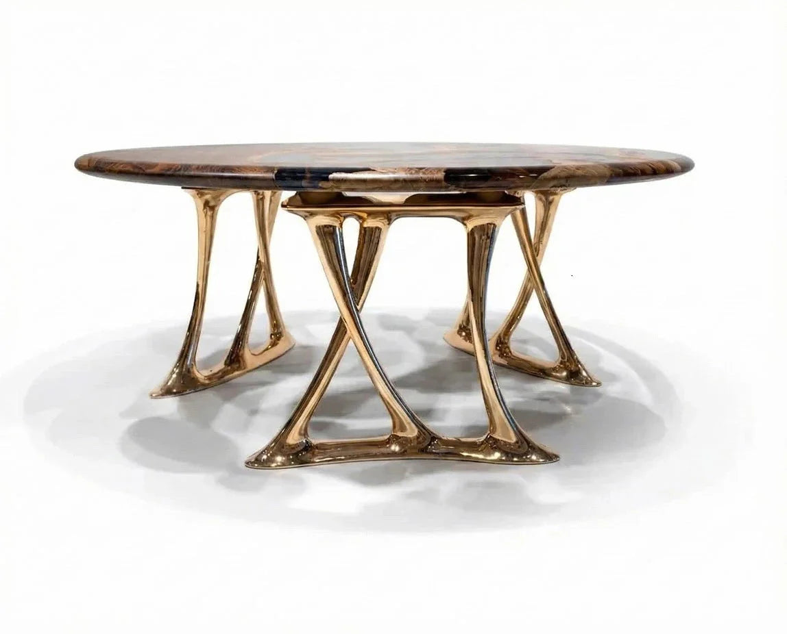 Luxury round walnut dining table with rose gold aluminum legs