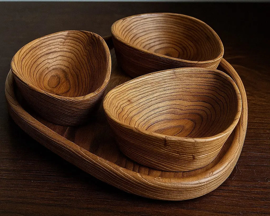 Set of handcrafted wooden nut bowls with tray showing natural wood grain and sandblasted texture