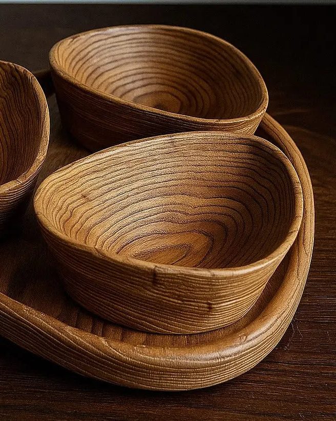 Set of handcrafted wooden nut bowls with tray showing natural wood grain and sandblasted texture