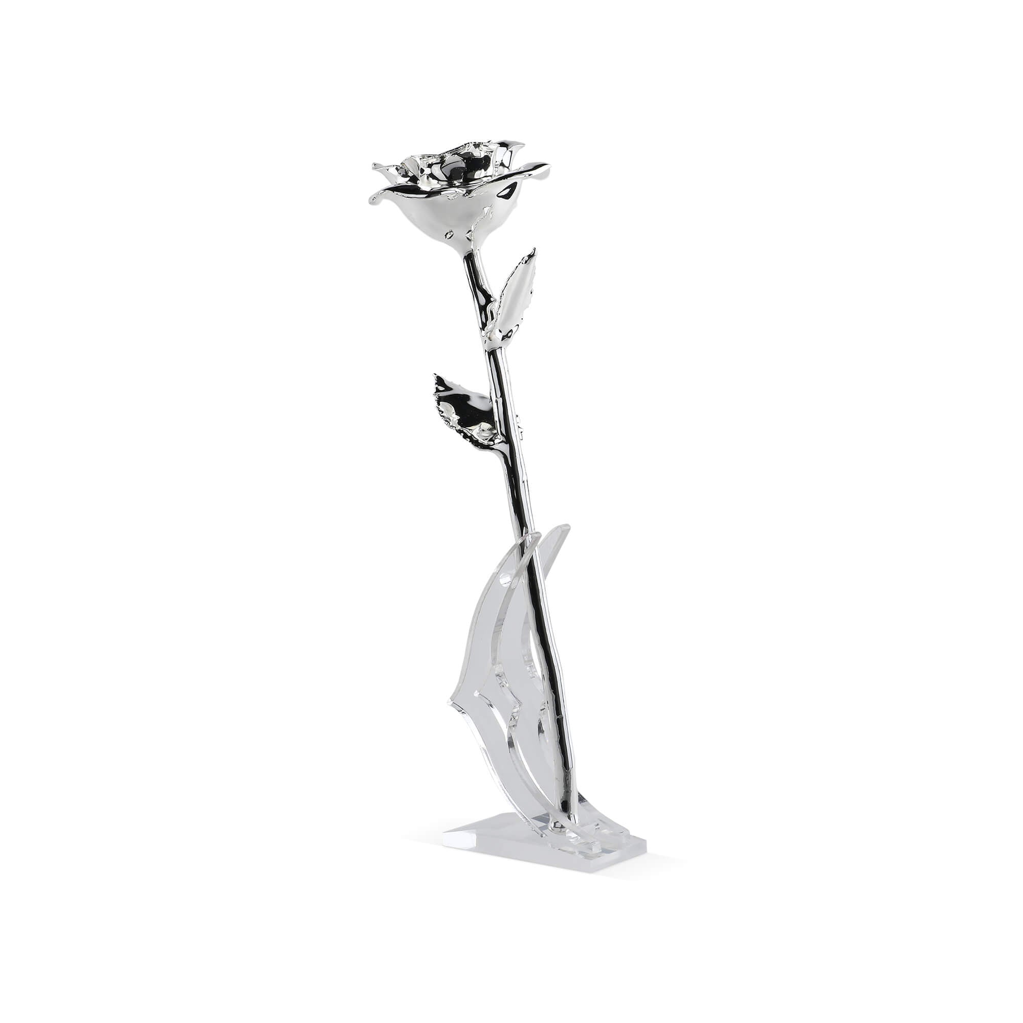 Timeless Rose (Silver) - preserved rose coated in silver-colored 24k gold detail inside clear display stand