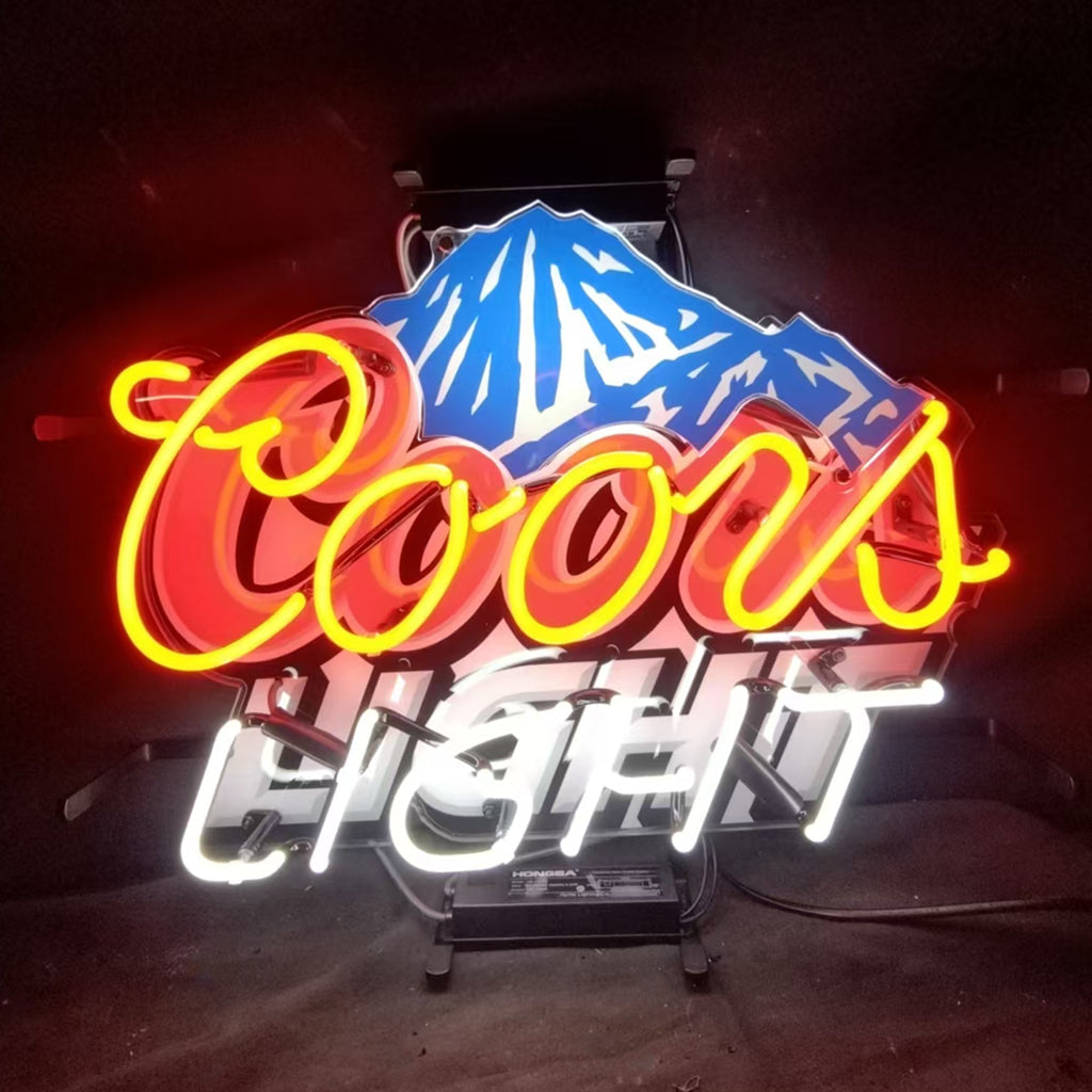 Coors Light Snow Mountain Logo Neon Sign illuminated on a wall