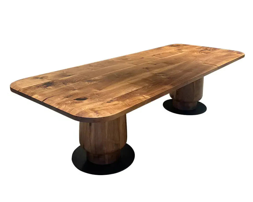 Solid walnut wood dining table with edge-glued tabletop and wooden tulip legs