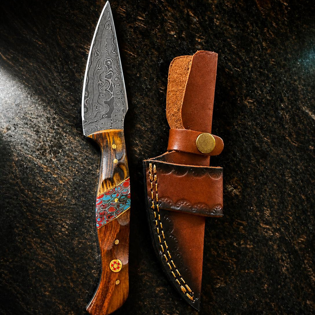 Titan "Painted Mesa" Damascus Hunting Knife | Cocobolo Rosewood & Turquoise Mosaic Handle | Hand-Tooled Leather Sheath