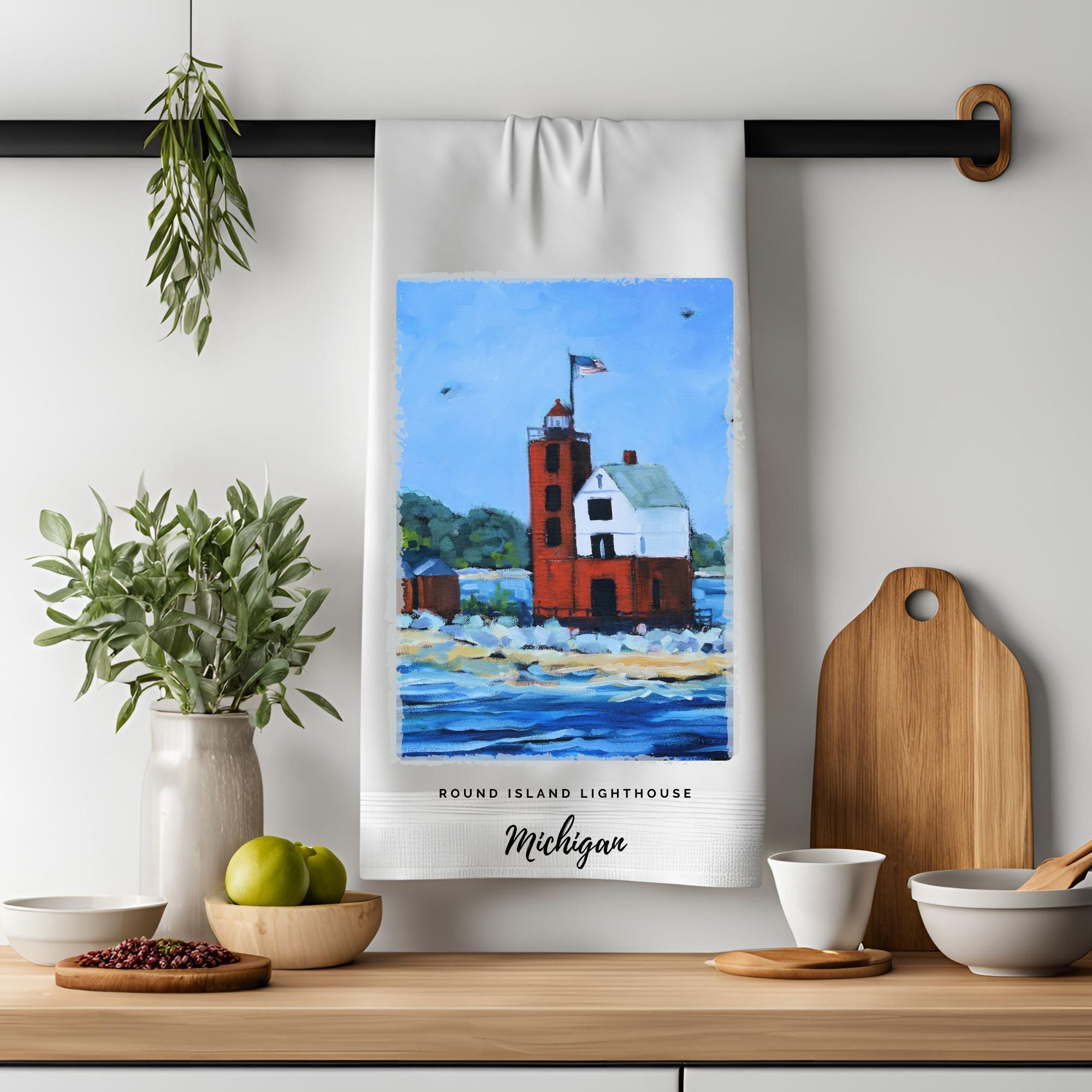 Dish Towel - "Round Island Lighthouse- Mackinac Island Kitchen Towel" by Dreese Fine Art - Resin Society