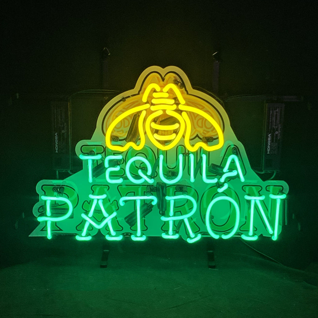 Tequila Patron neon sign illuminated with acrylic logo on metal grid backing