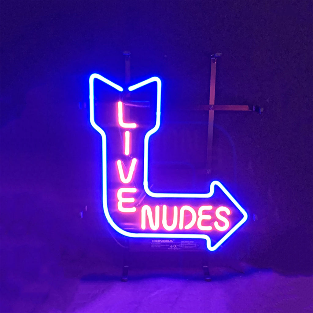Turn Right Arrow Live Nudes Neon Sign illuminated on metal grid backing