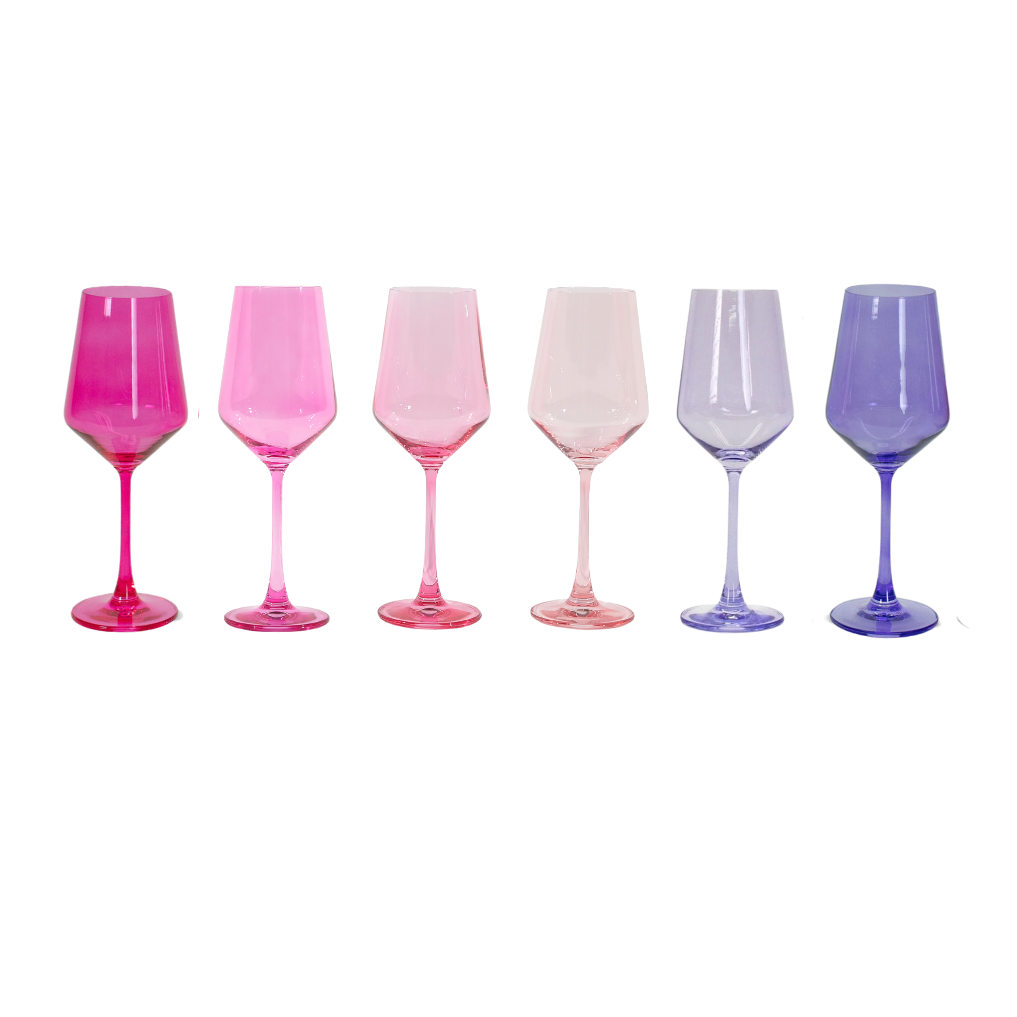 Set of six ombré colored wine glasses in shades of pink, red, and purple arranged on a surface