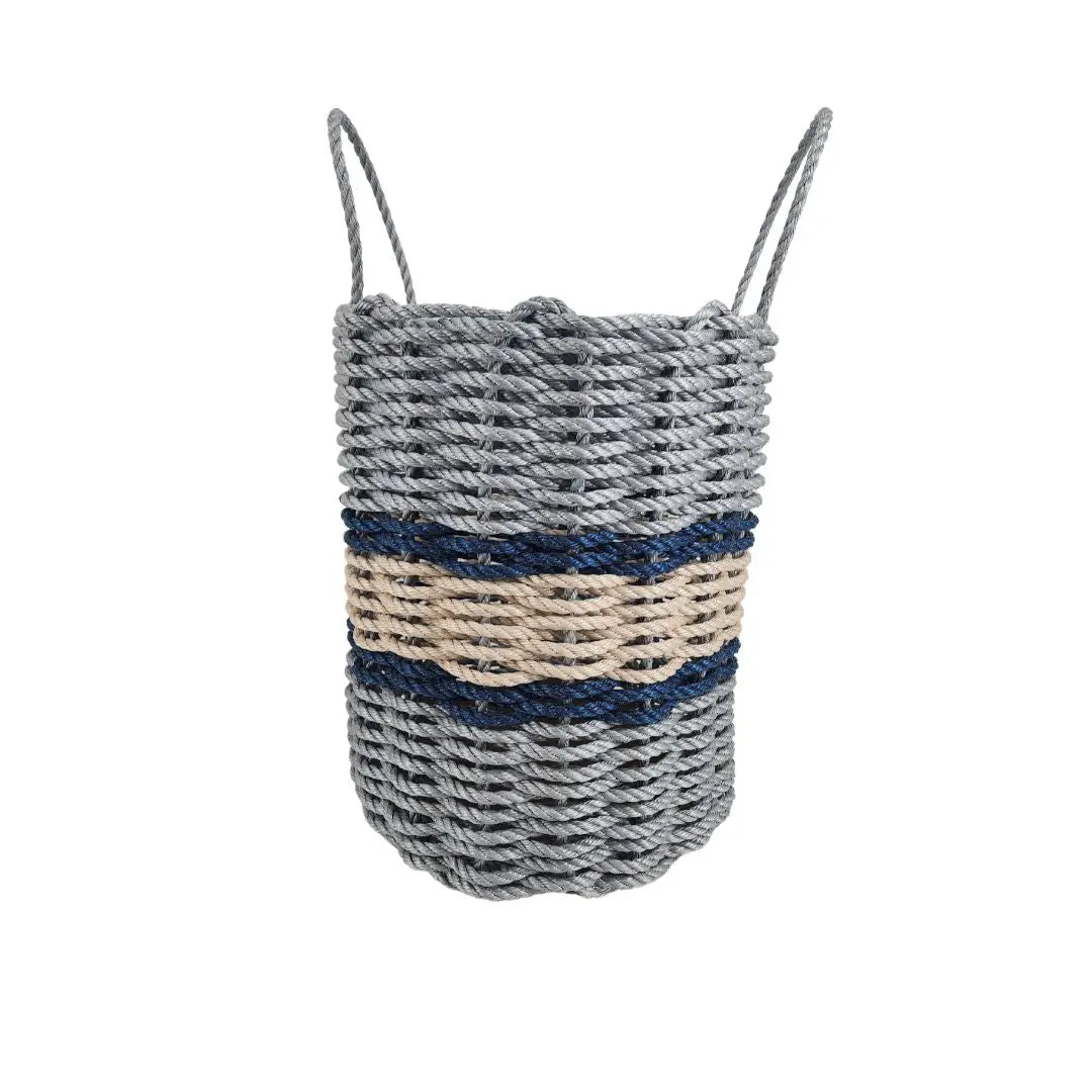 Lobster rope basket in light gray and light tan with navy accents, shown in multiple sizes