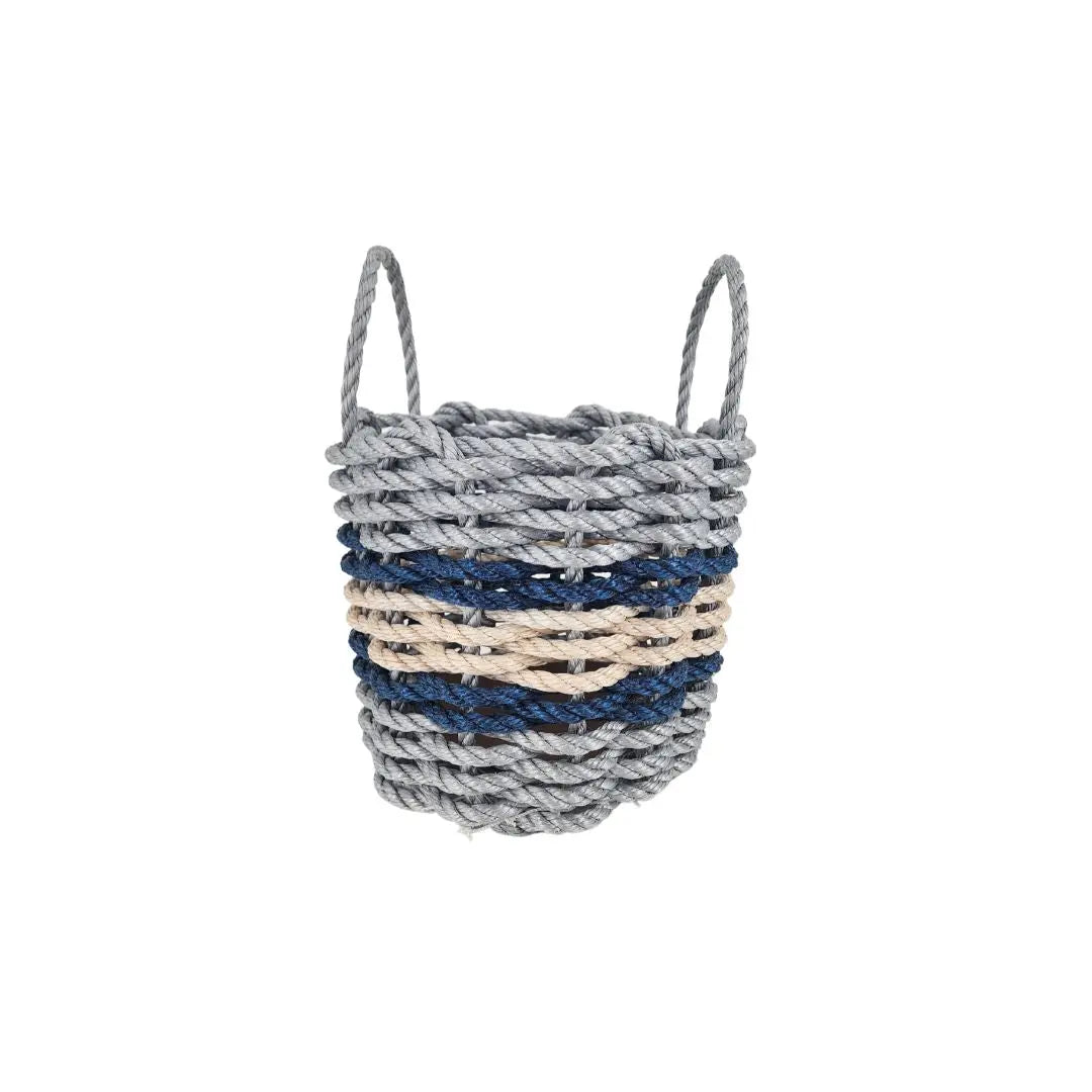 Lobster rope basket in light gray and light tan with navy accents, shown in multiple sizes