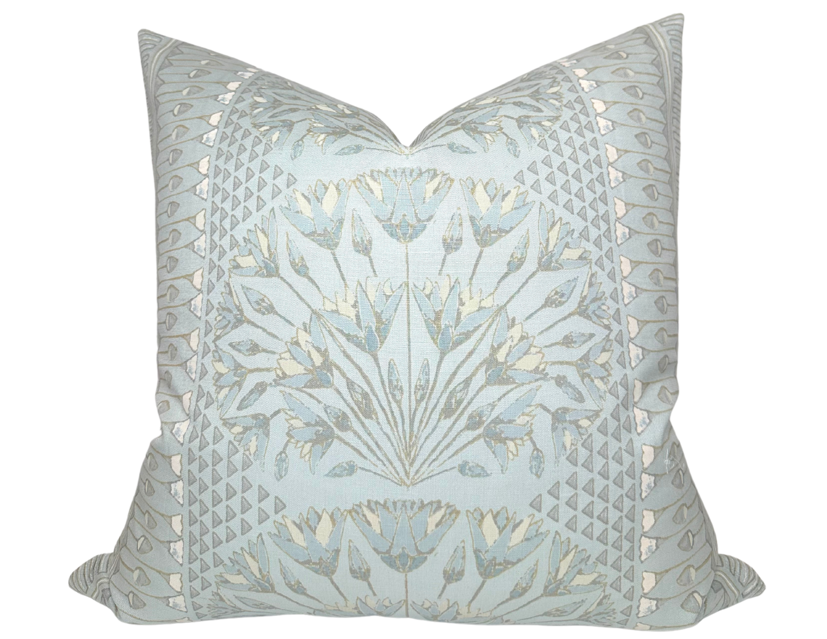 Cairo Pillow Cover in Spa Blue showing printed front and ivory linen back