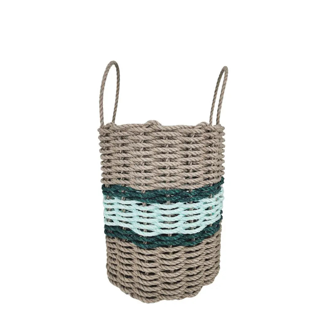 Lobster rope basket in tan and seafoam colors with hunter green accents, shown in various sizes