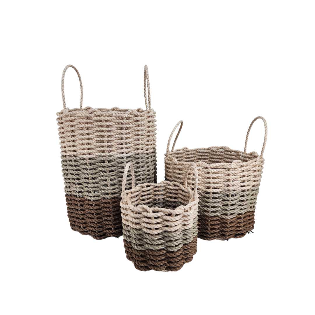 Brown, tan, and light tan ombre rope basket handcrafted on the Coast of Maine