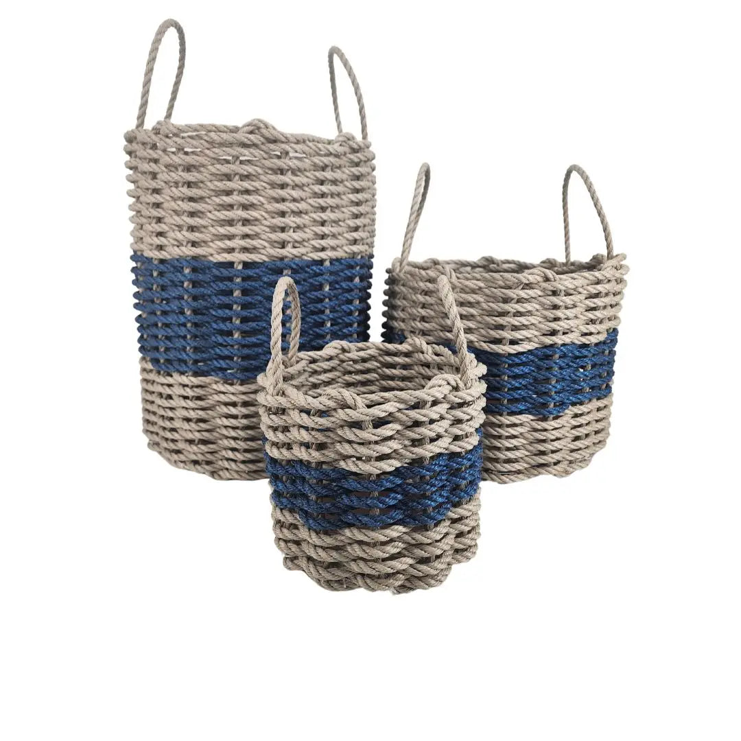 Handmade storage basket woven from authentic Maine lobster rope in tan and navy blue