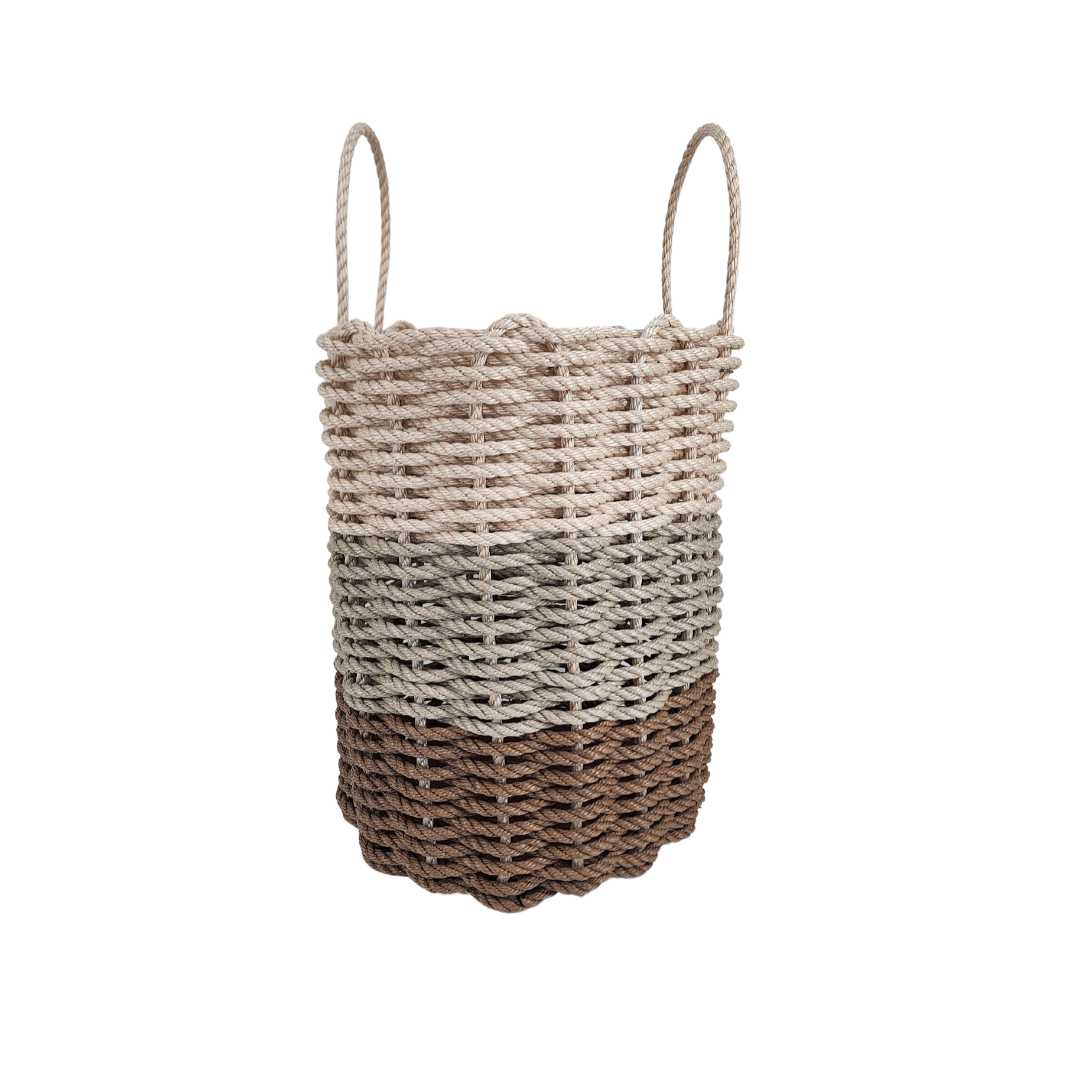Brown, tan, and light tan ombre rope basket handcrafted on the Coast of Maine