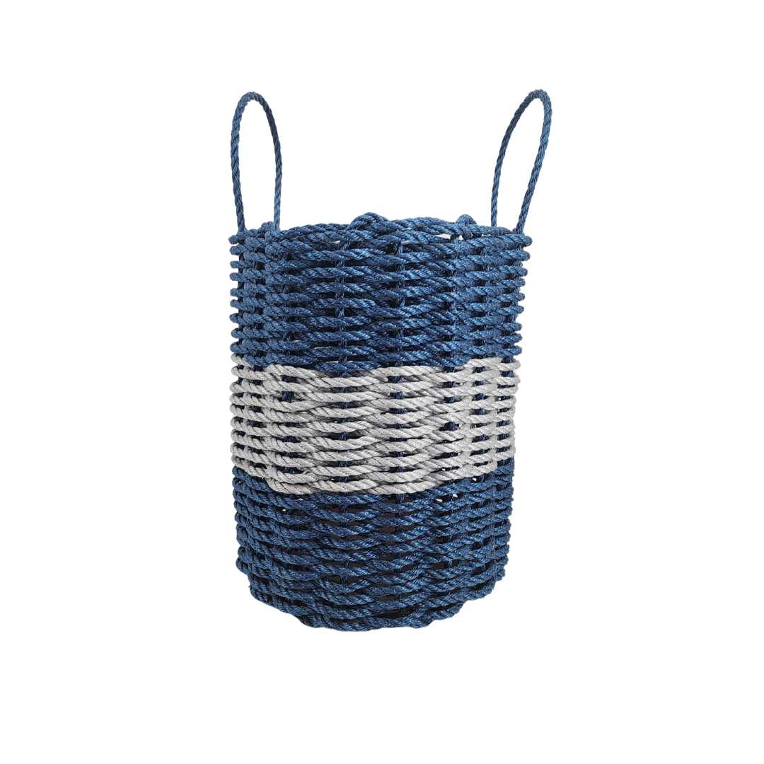 Navy blue and light gray lobster rope storage basket handcrafted in Maine