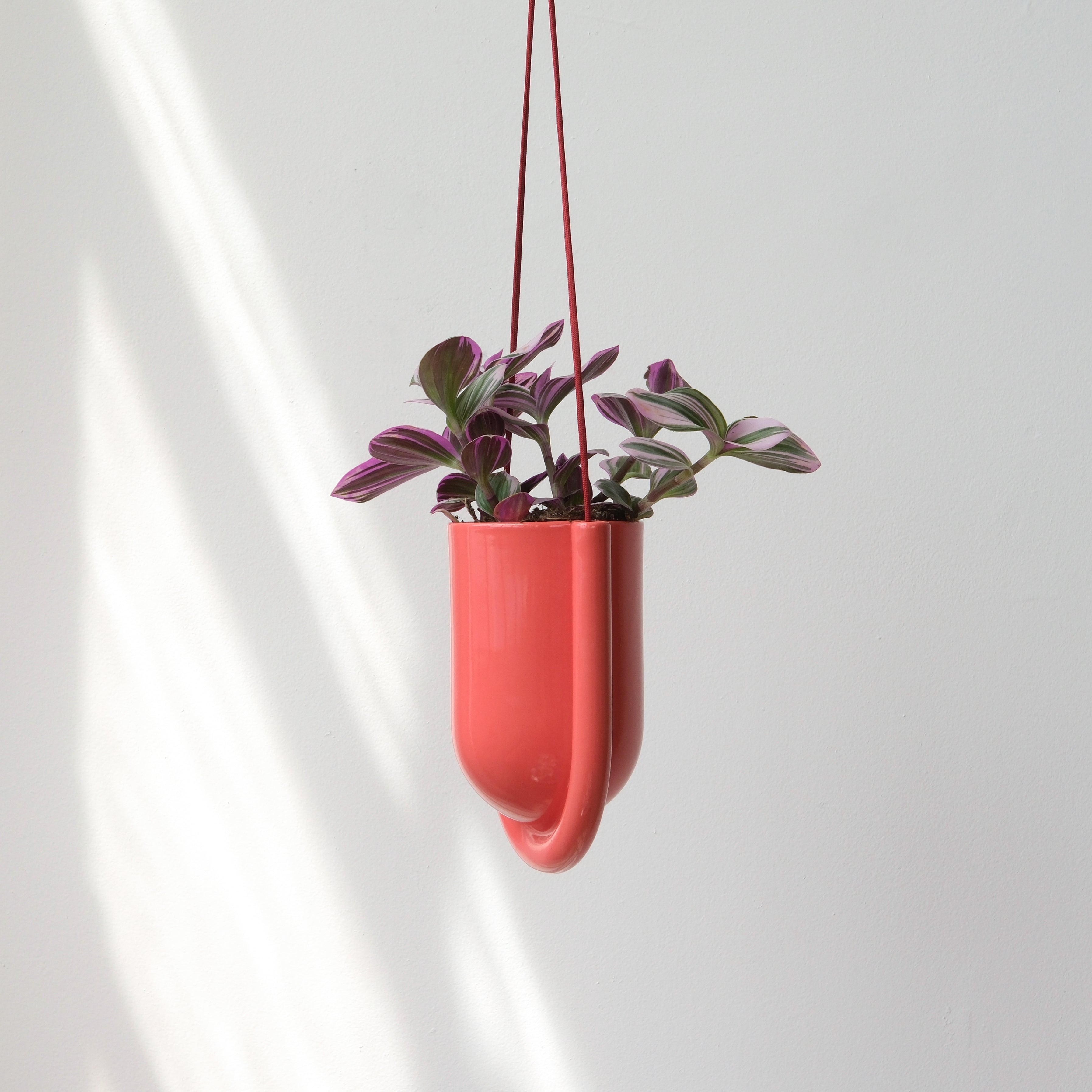 Portico Planter in Vermilion color shown hanging, minimalist ceramic design with integrated drainage
