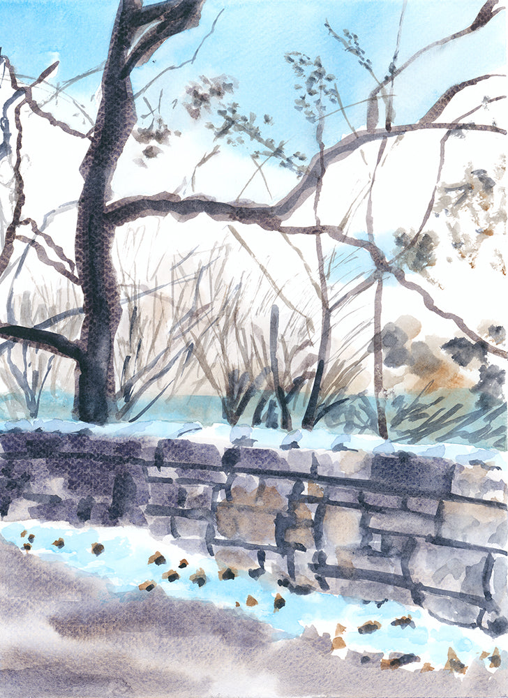 Watercolor painting of a snowy path in Fort Tryon Park, NYC, with snow-covered trees lining the path