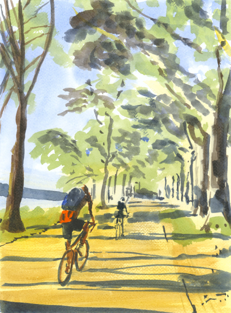 Biking in the Light, Hudson River, bikers, watercolor painting