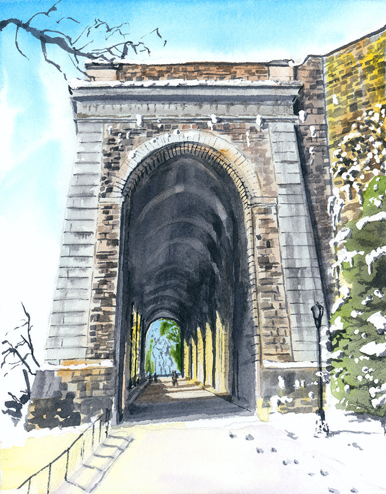 Watercolor print of Billings Arcade in winter at Fort Tryon Park, showing snow and sunlight on the arcade's southern end.