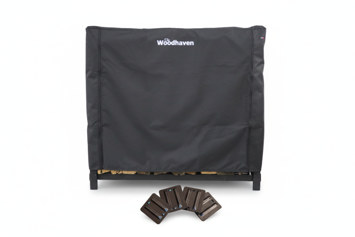 Woodhaven 2 ft Steel Firewood Rack in black with optional cover and support bases