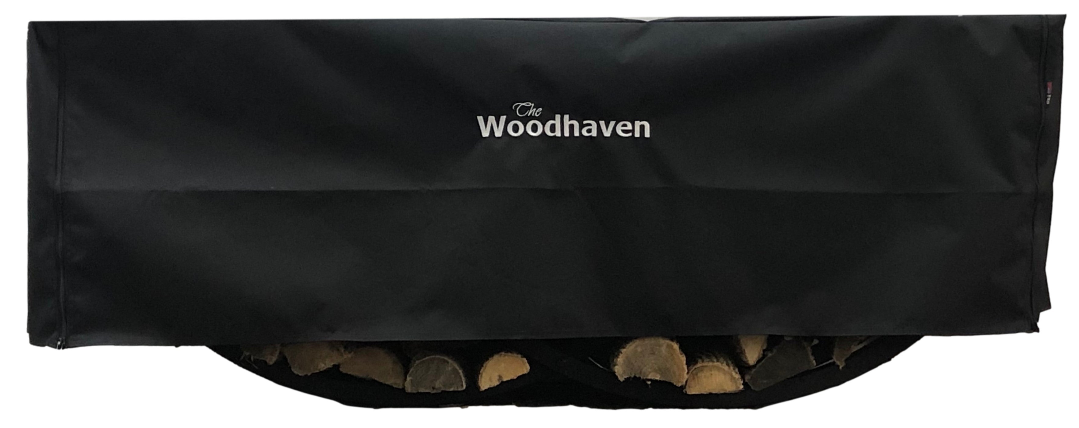 Woodhaven Full Firewood Rack Cover with zipper closure protecting stacked firewood outdoors