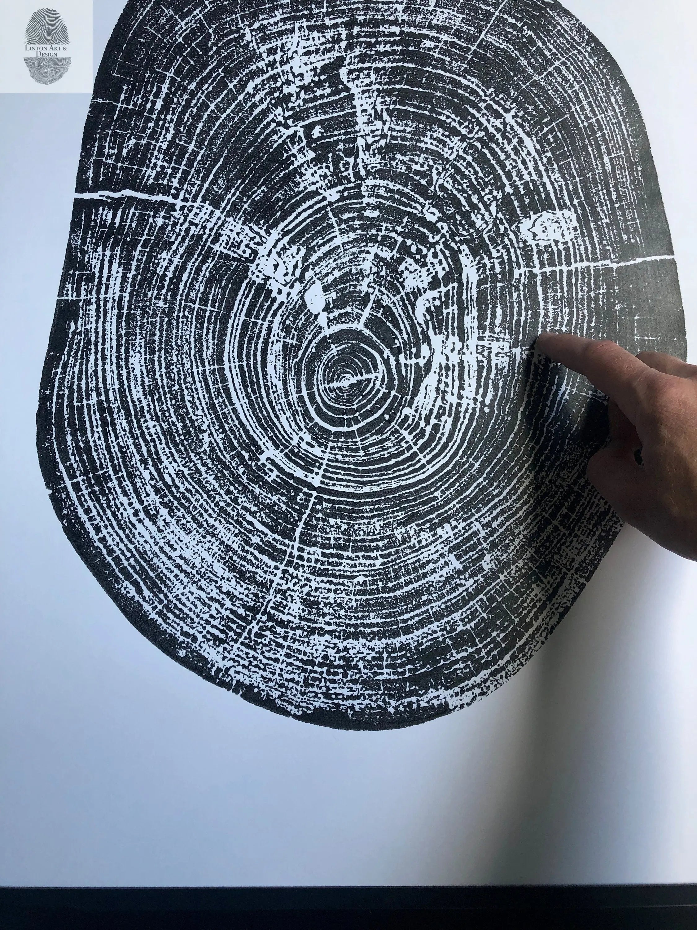 Waco, Texas Pecan 18x24 print showing detailed tree rings in blue and brown ink on white paper, signed by artist