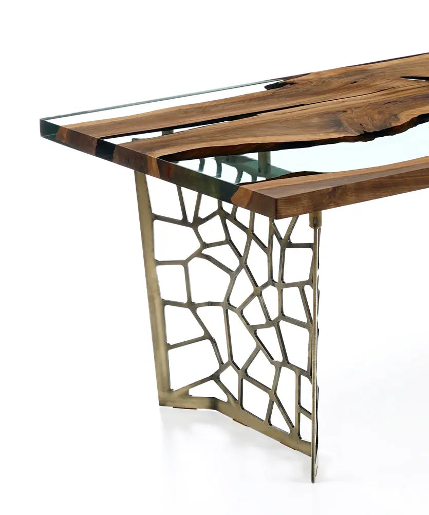 Resin Walnut River Dining Room Table with Voronoi epoxy resin river and laser-cut metal legs