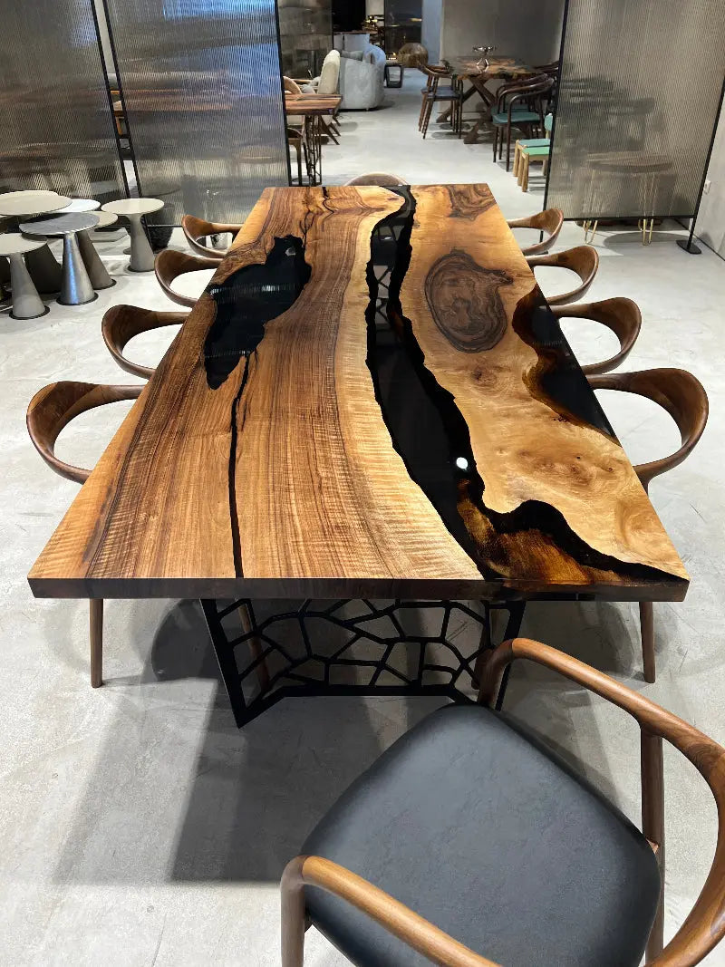 Resin Walnut River Dining Room Table with Voronoi epoxy resin river and laser-cut metal legs