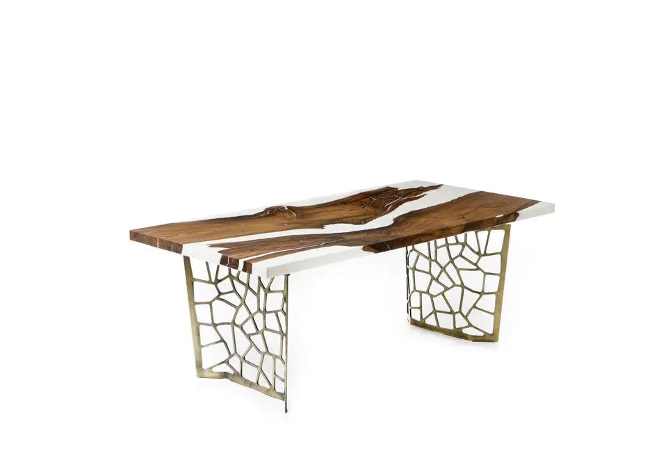 Resin Walnut River Dining Room Table with Voronoi epoxy resin river and laser-cut metal legs