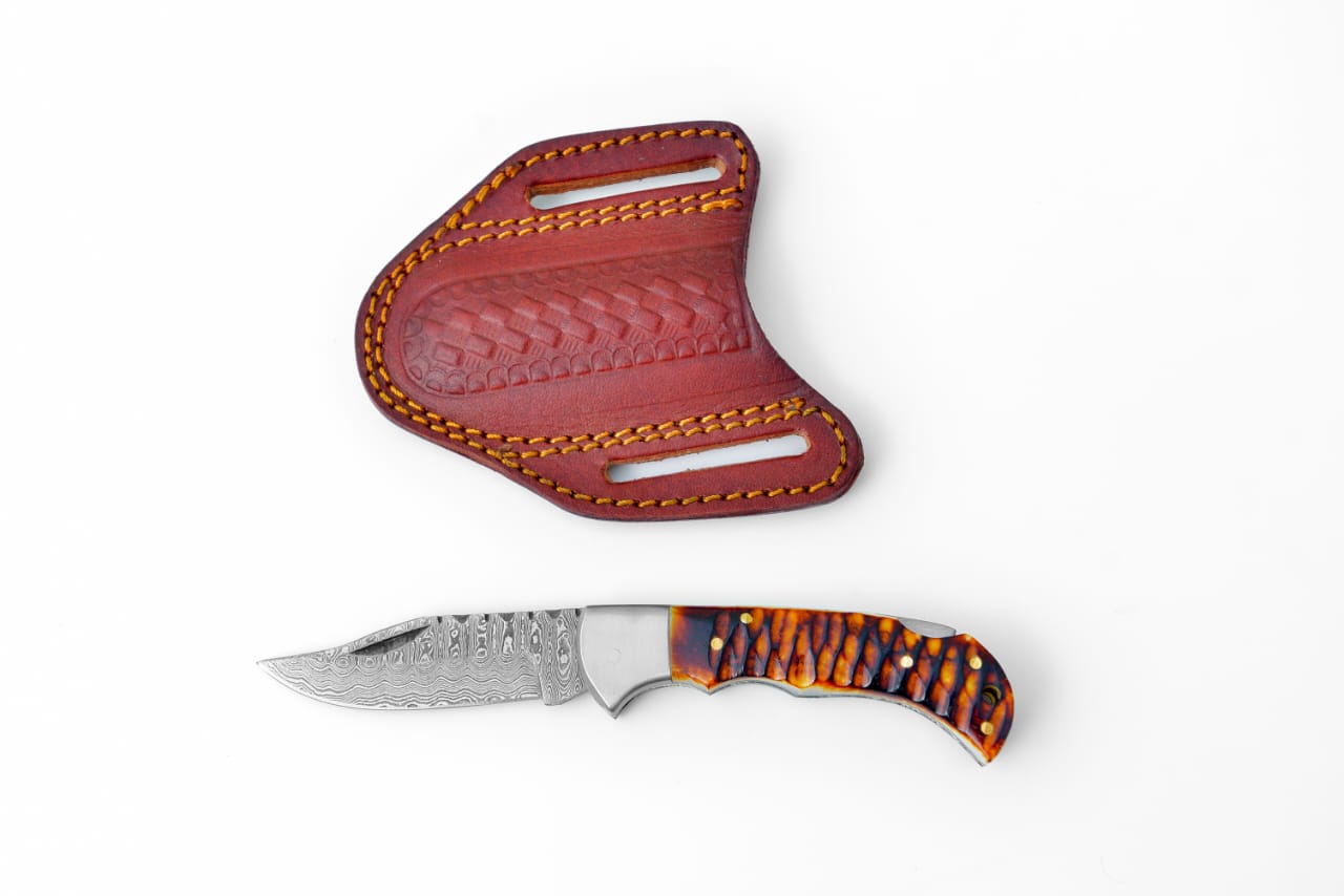 Stag Horn Style Damascus Folding Knife with Leather Sheath - TF-098 by Titan International K - Resin Society