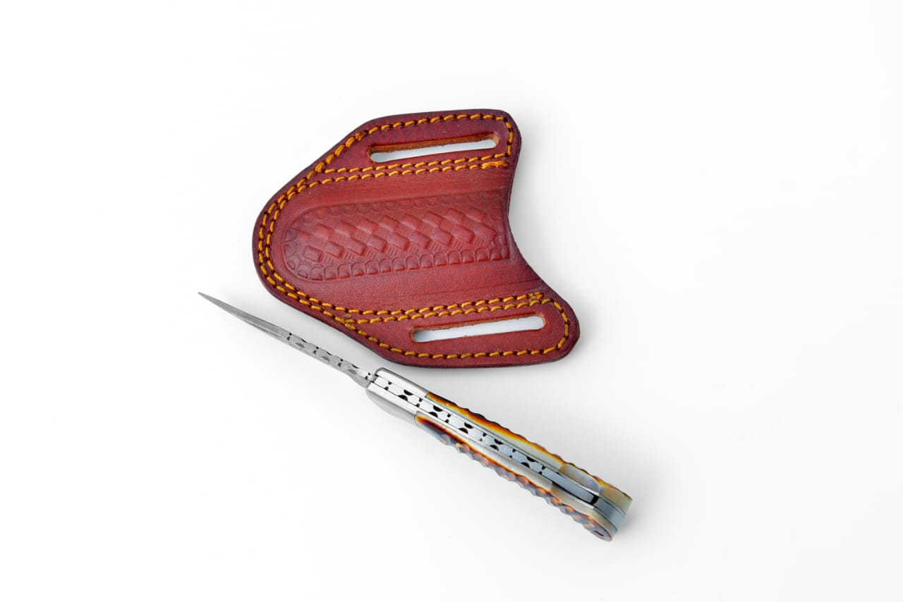 Stag Horn Style Damascus Folding Knife with Leather Sheath - TF-098 detail image - Resin Society