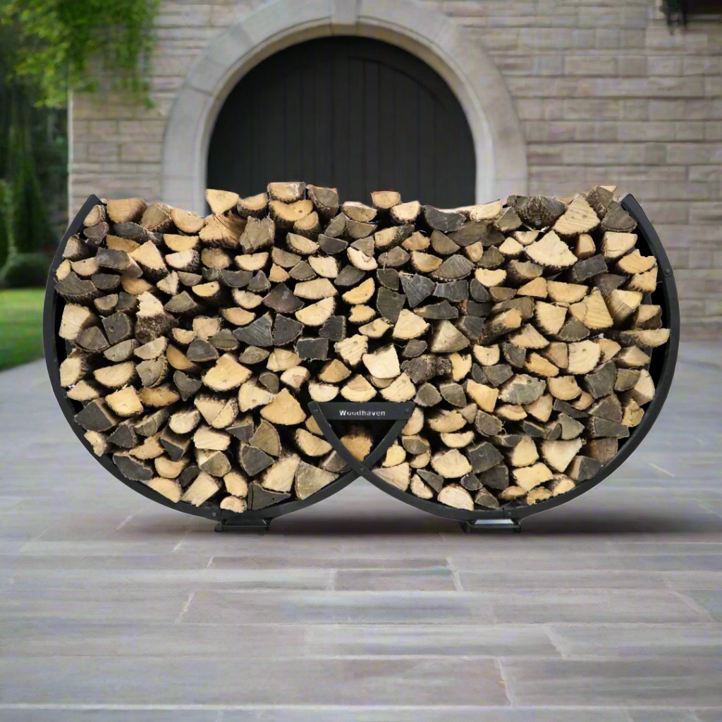 Winter Workman firewood rack by The Woodhaven showing curved steel design and wood storage