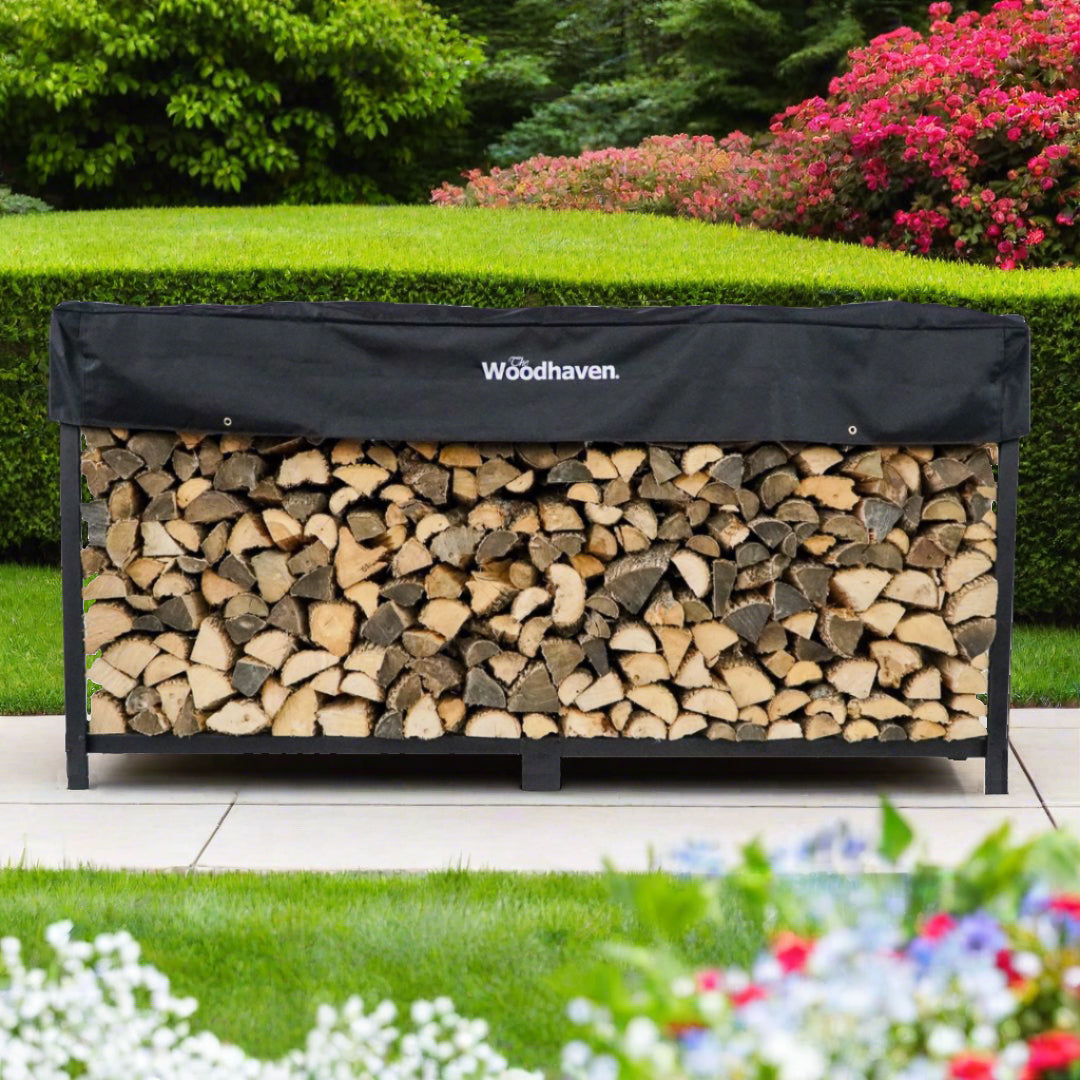 Woodhaven 10 ft Firewood Rack holding stacked firewood outdoors