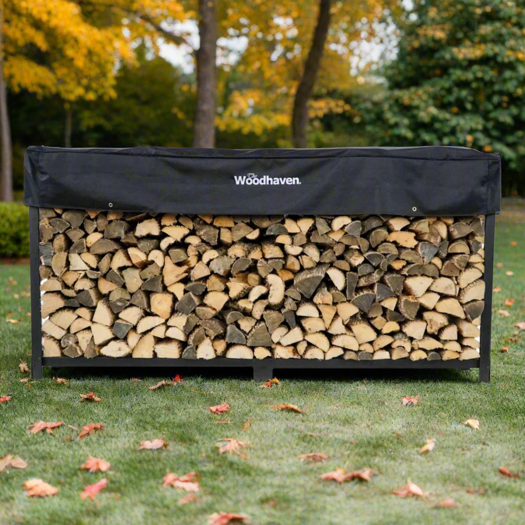 Woodhaven 10 ft Firewood Rack holding stacked firewood outdoors
