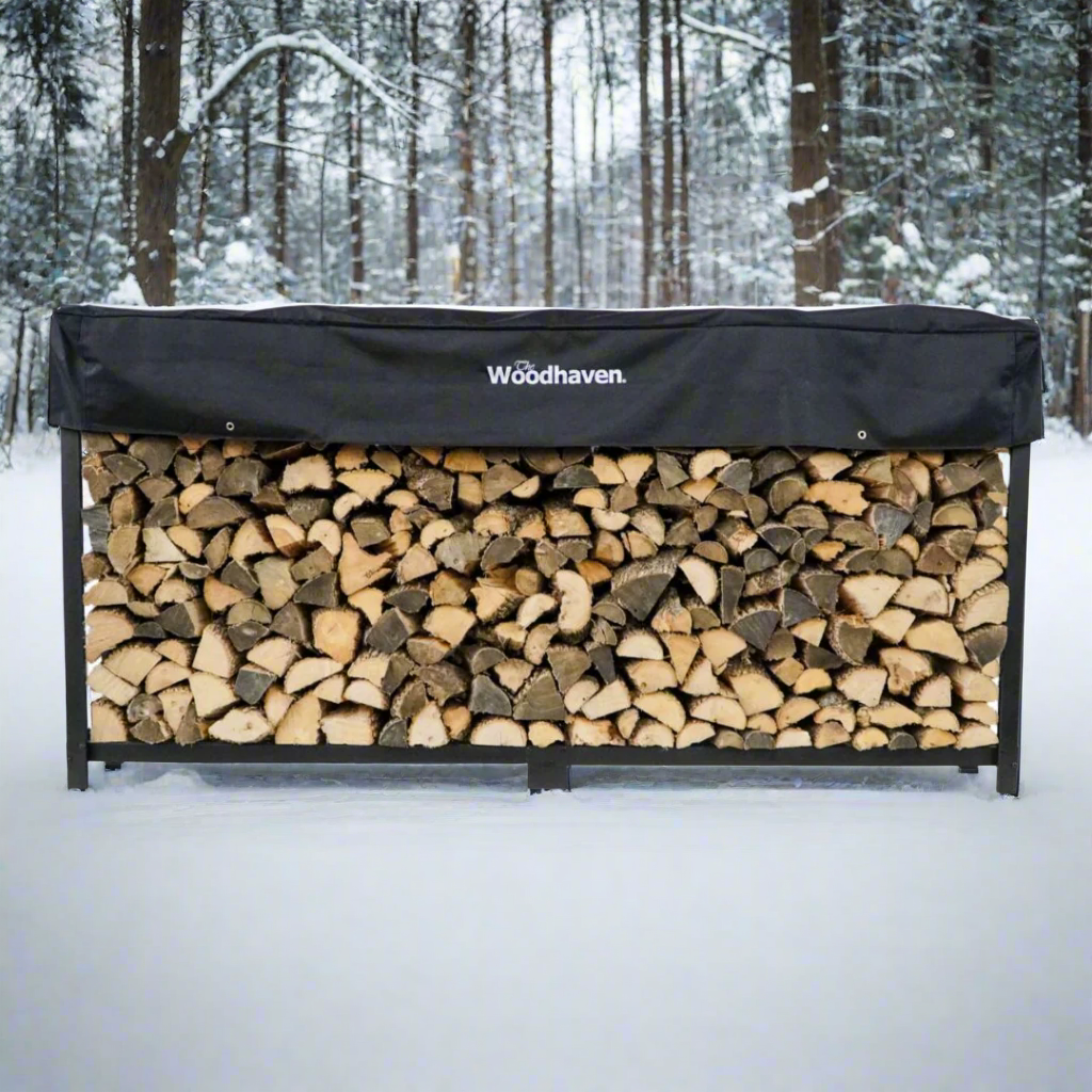 Woodhaven 10 ft Firewood Rack holding stacked firewood outdoors
