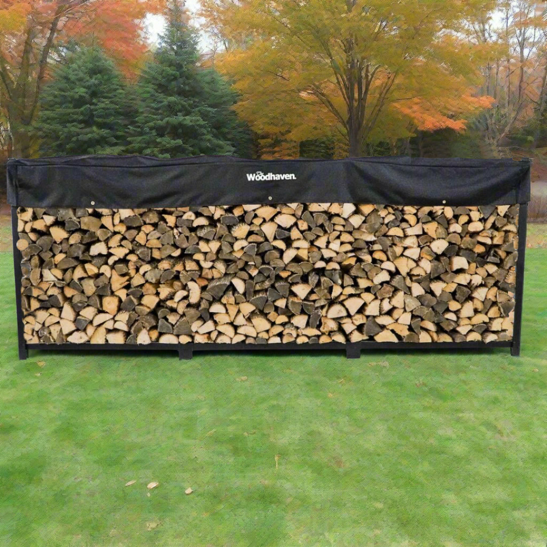 Woodhaven 12 ft Firewood Rack holding stacked firewood outdoors