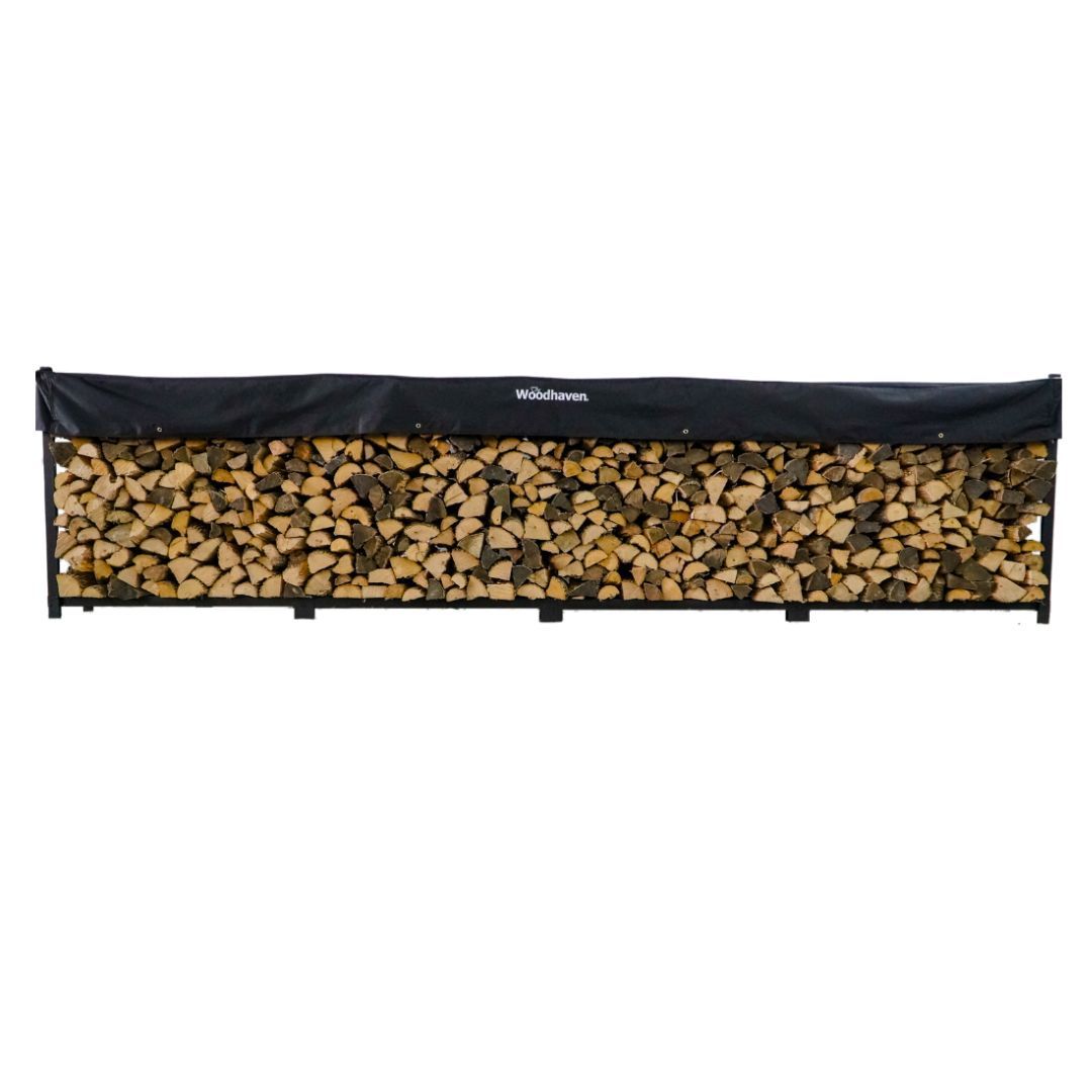 Woodhaven 16 ft Firewood Rack holding stacked firewood outdoors