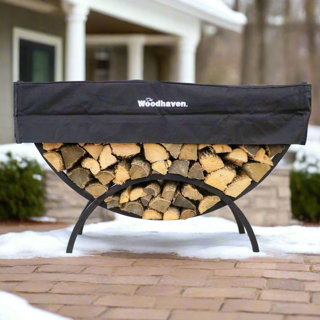Woodhaven 5 ft Crescent Firewood Rack with black powder coat finish and seasoning cover