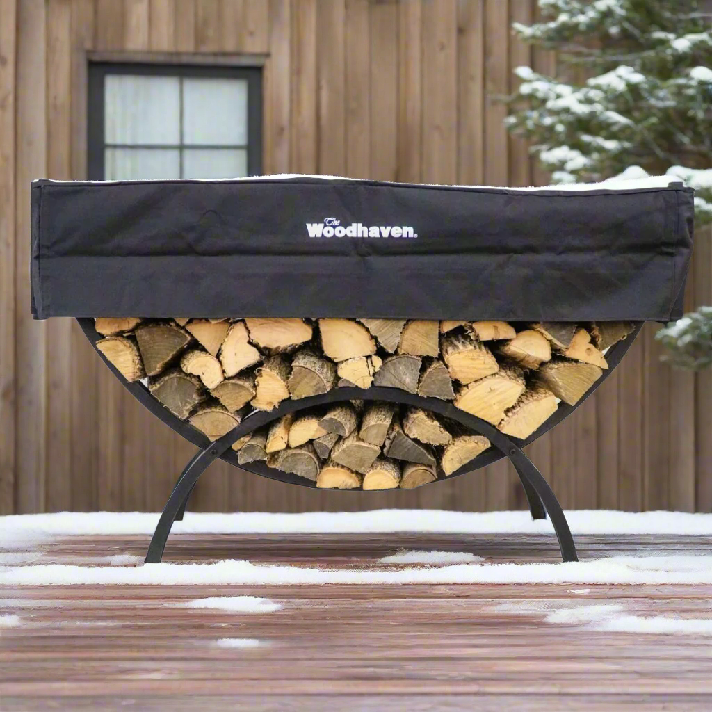 Woodhaven 5 ft Crescent Firewood Rack with black powder coat finish and seasoning cover