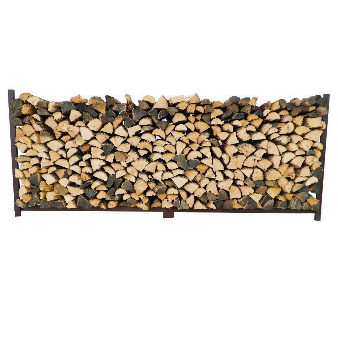 The Woodhaven 8 ft Steel Firewood Rack in black and brown with optional seasoning cover and support bases