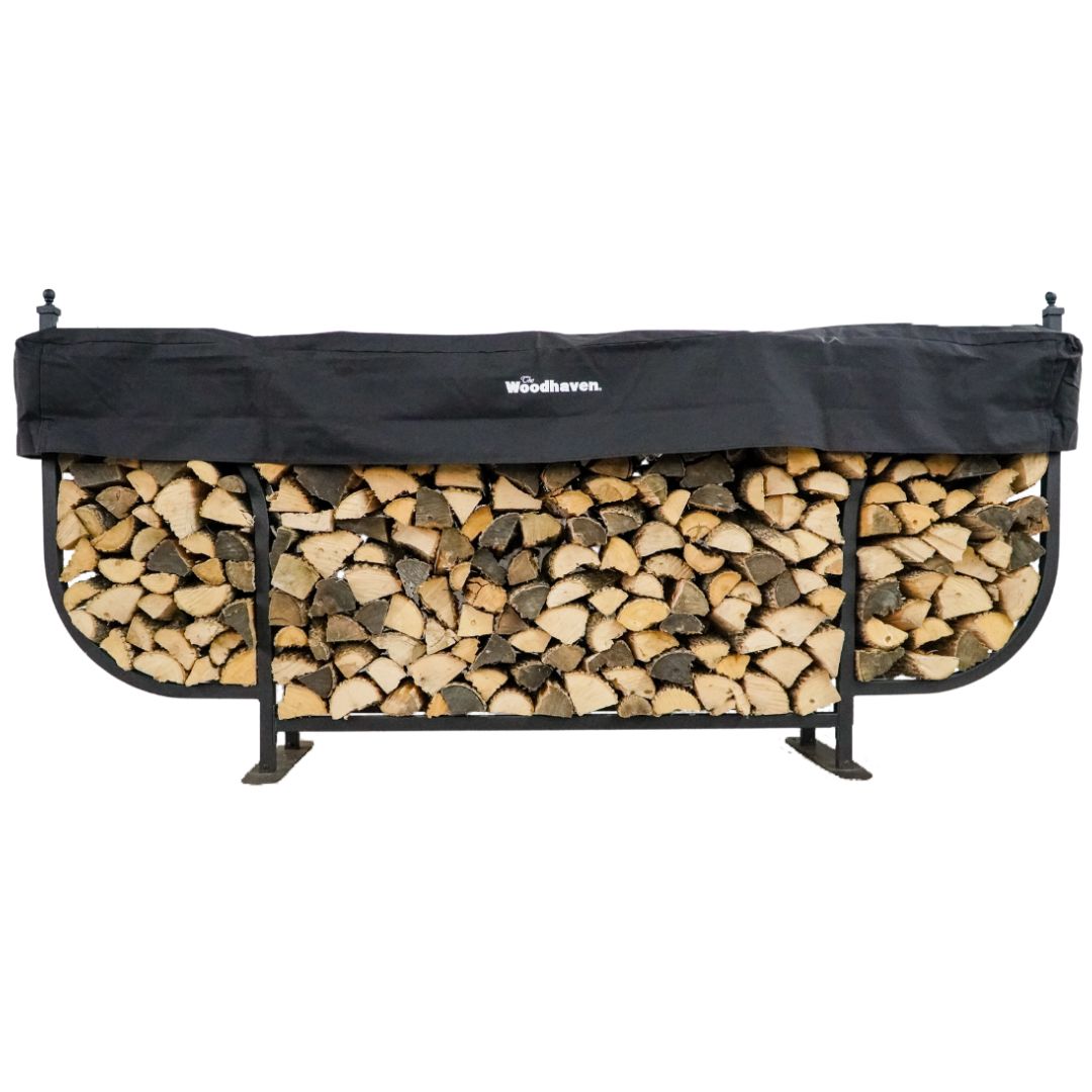 Woodhaven 9 ft Courtyard Firewood Rack with seasoning cover holding stacked firewood outdoors