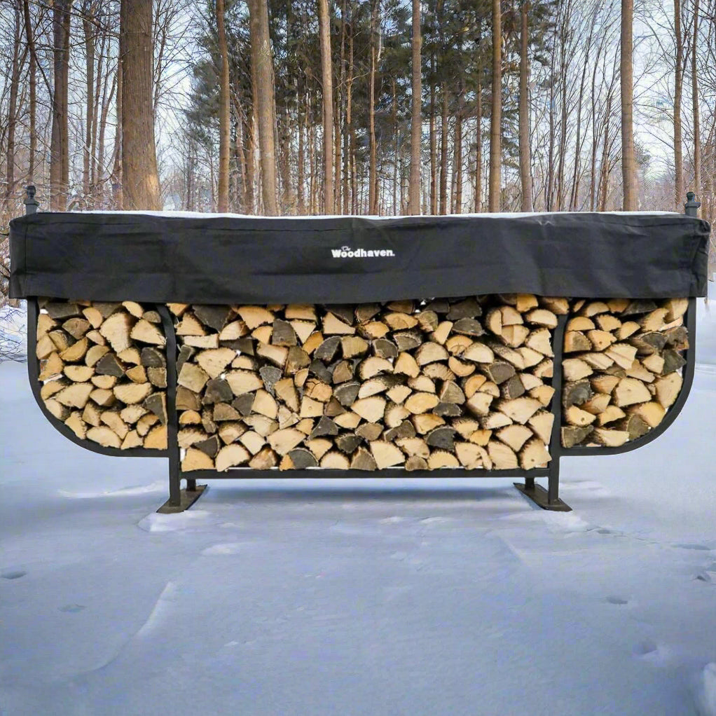 Woodhaven 9 ft Courtyard Firewood Rack with seasoning cover holding stacked firewood outdoors