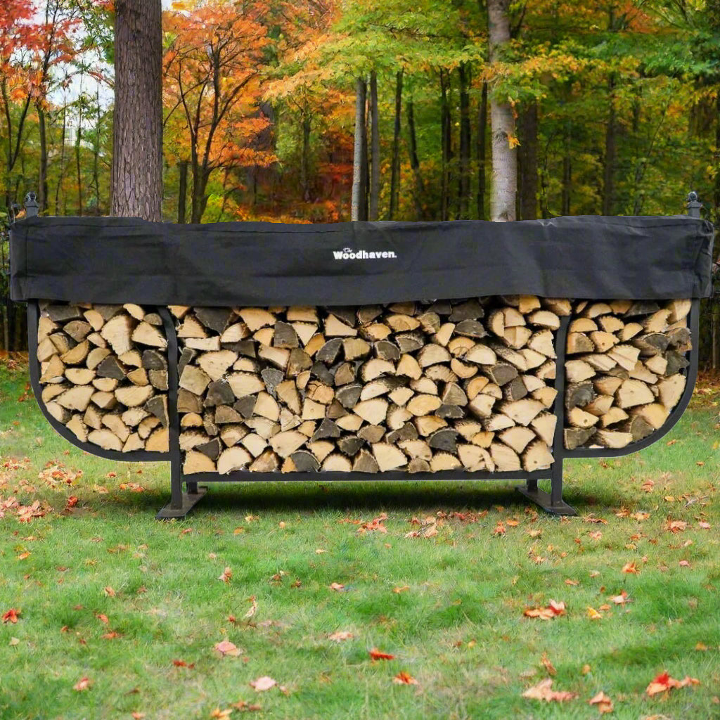 Woodhaven 9 ft Courtyard Firewood Rack with seasoning cover holding stacked firewood outdoors